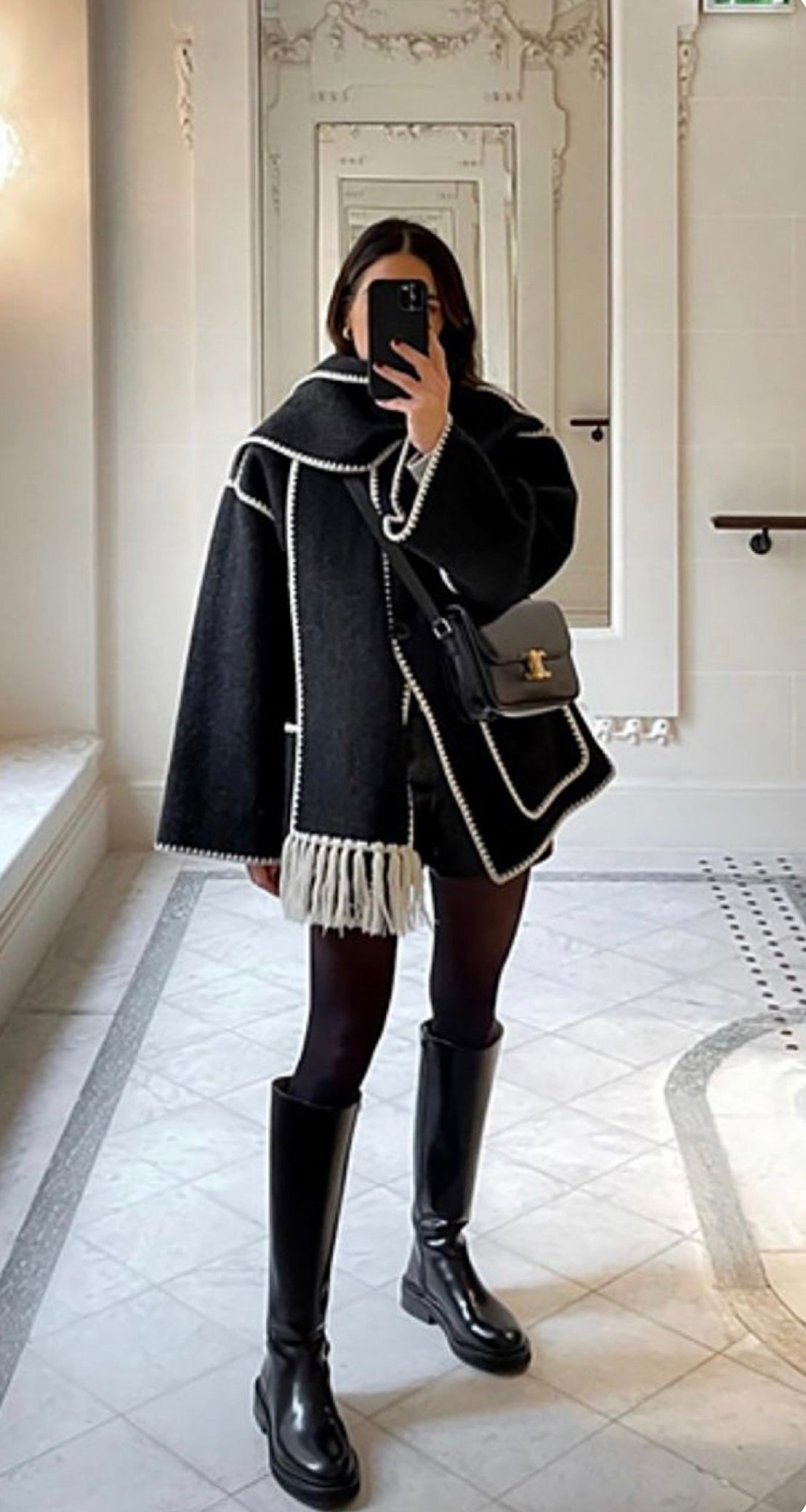 Serena OverCoat With Scarf in Black