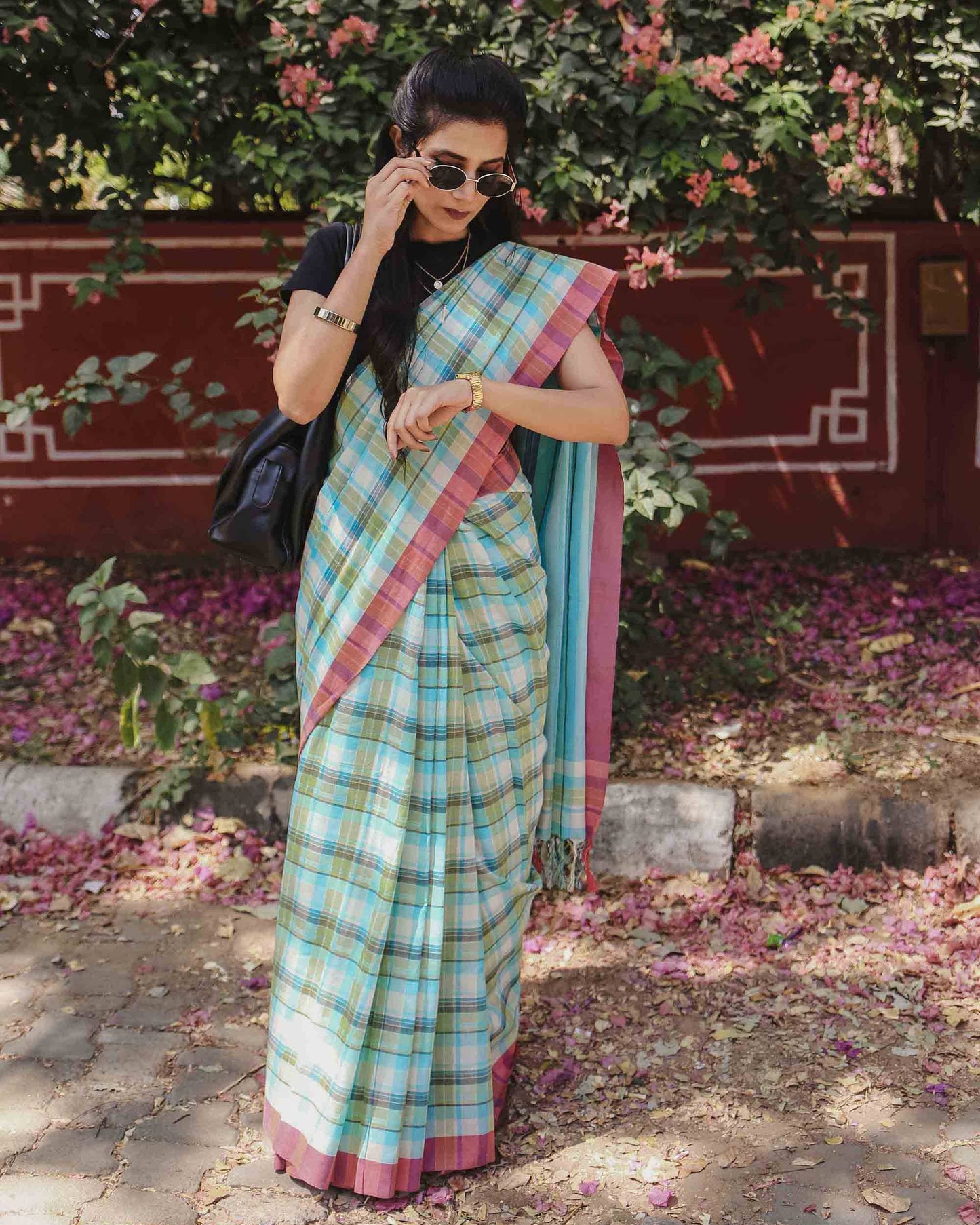 On the Clock - Turquoise & Green Checked Organic Cotton Saree