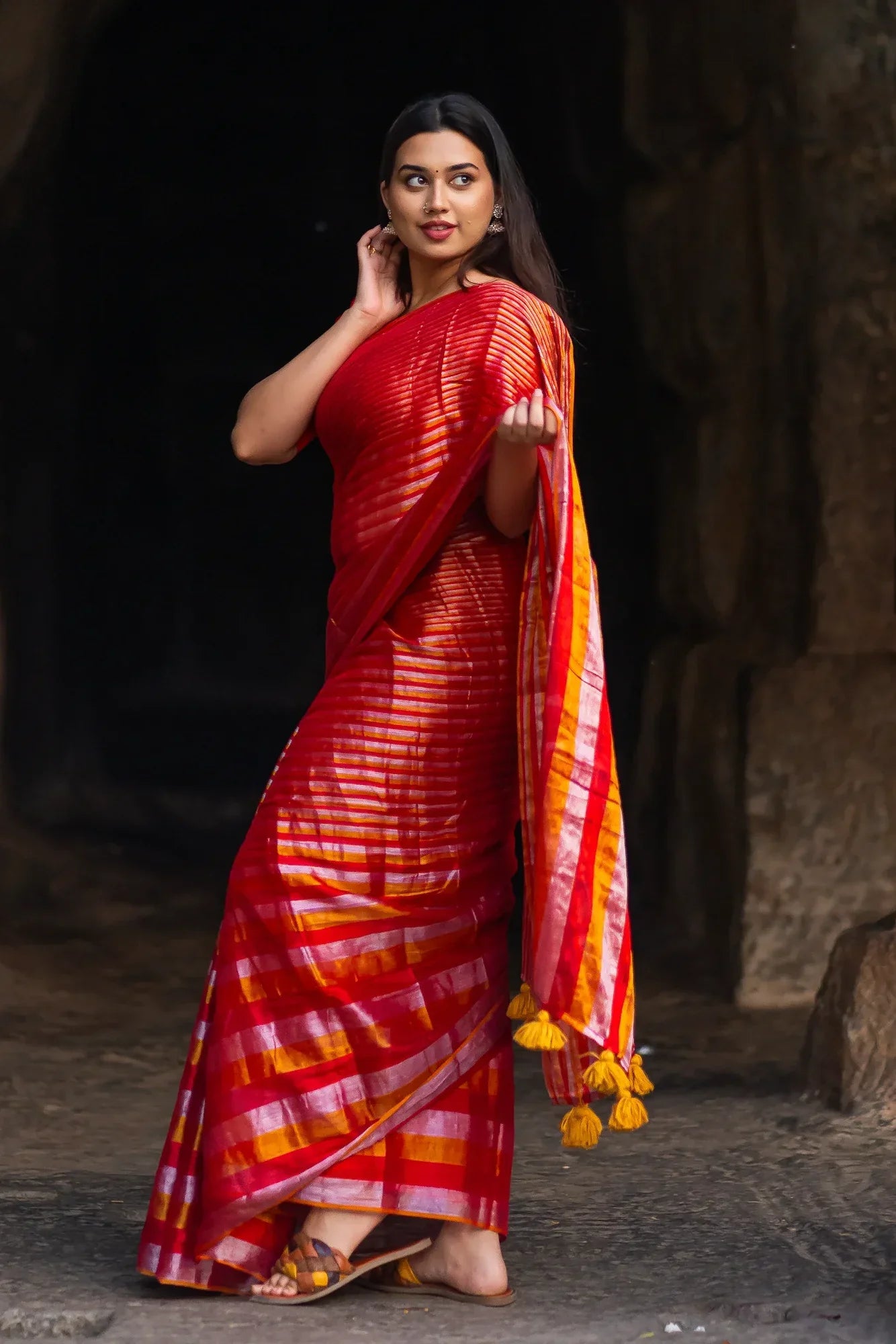 Metallic Zari tissue Saree With Handmade Tassels