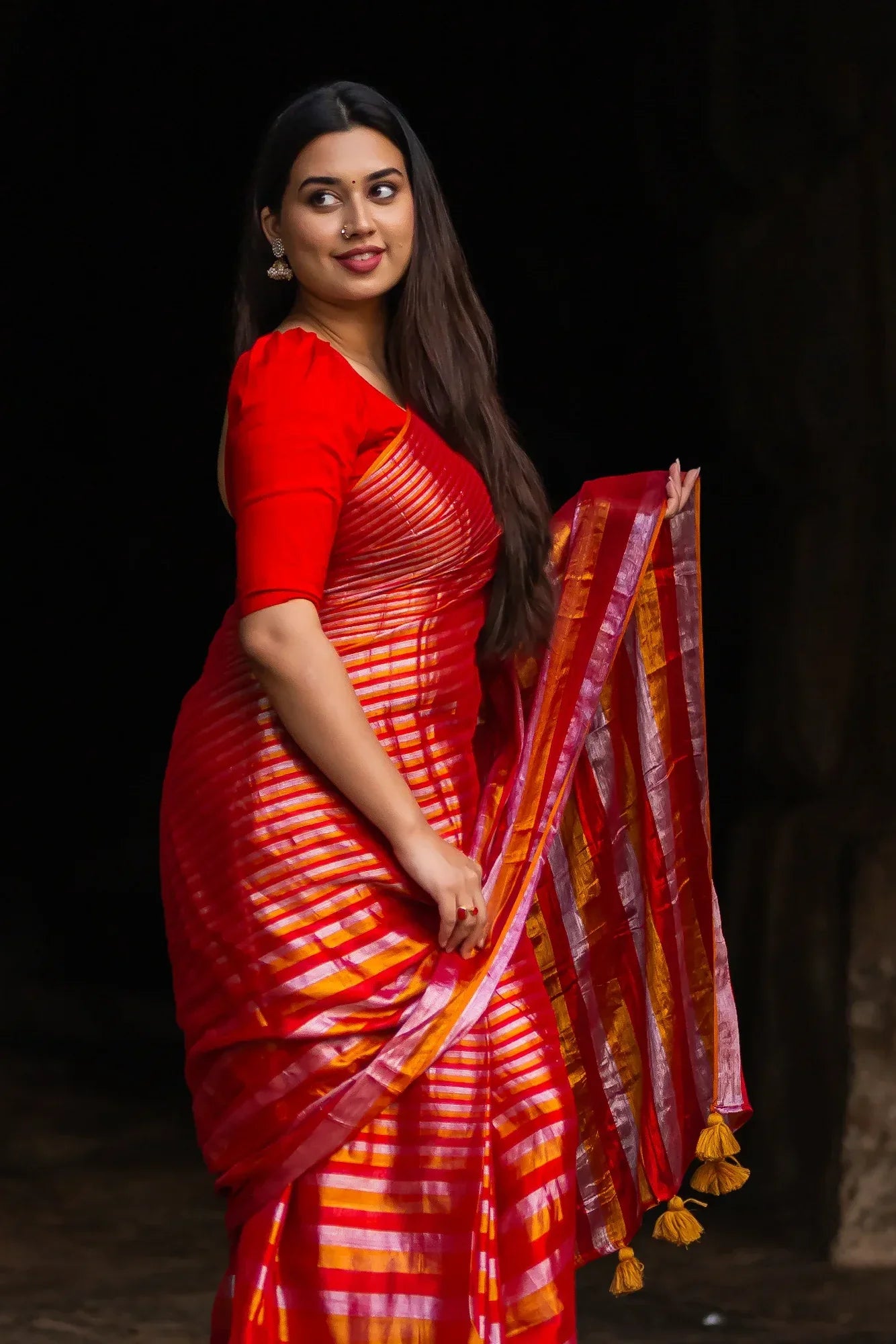 Metallic Zari tissue Saree With Handmade Tassels