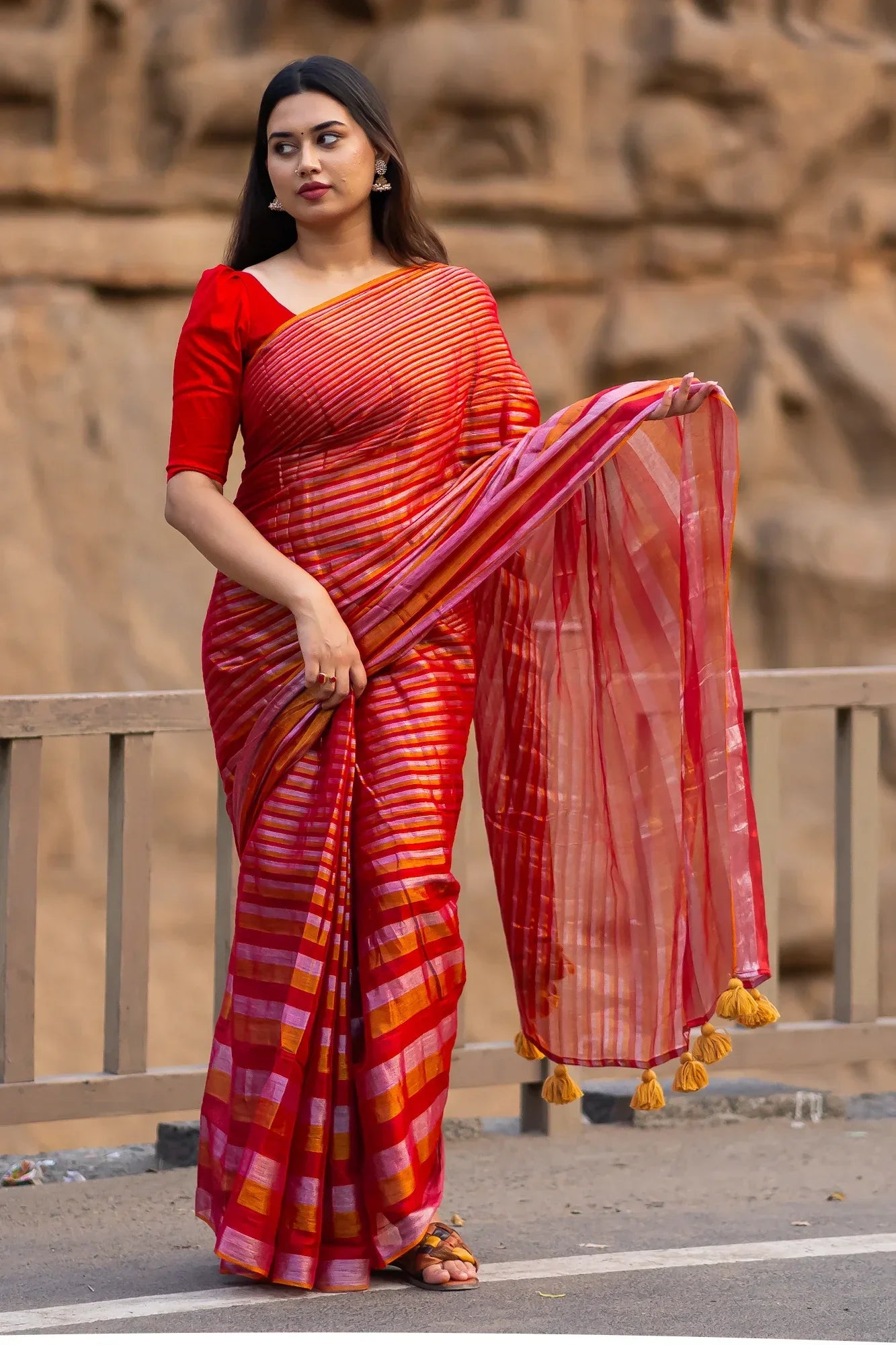 Metallic Zari tissue Saree With Handmade Tassels