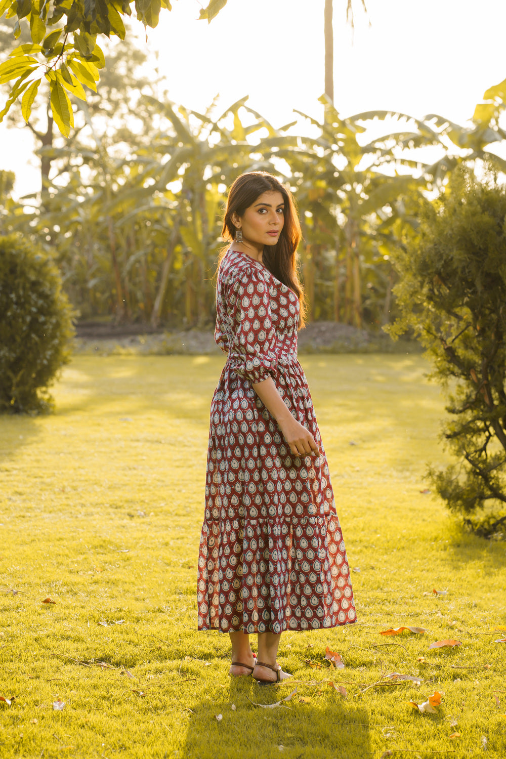 Gulbahar Maroon Cotton Hand Block Print Maxi Dress