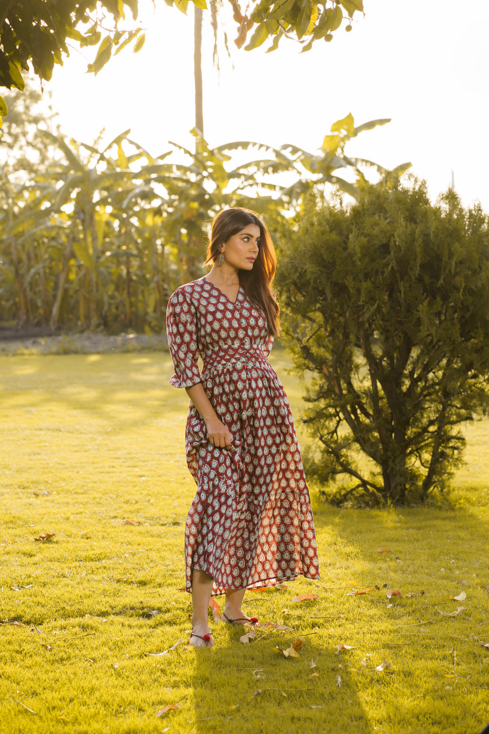Gulbahar Maroon Cotton Hand Block Print Maxi Dress