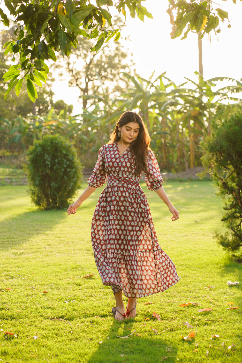 Gulbahar Maroon Cotton Hand Block Print Maxi Dress
