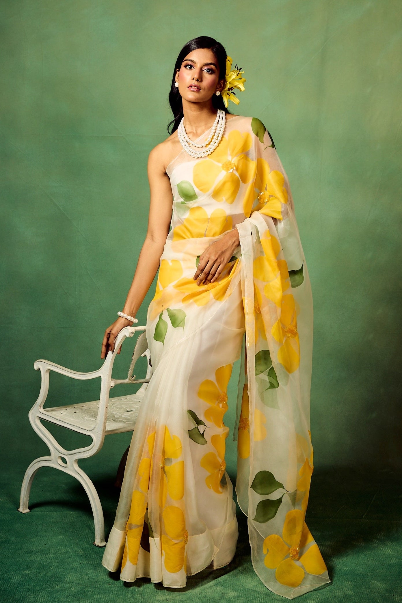 Flora Sequins Saree in White & Yellow