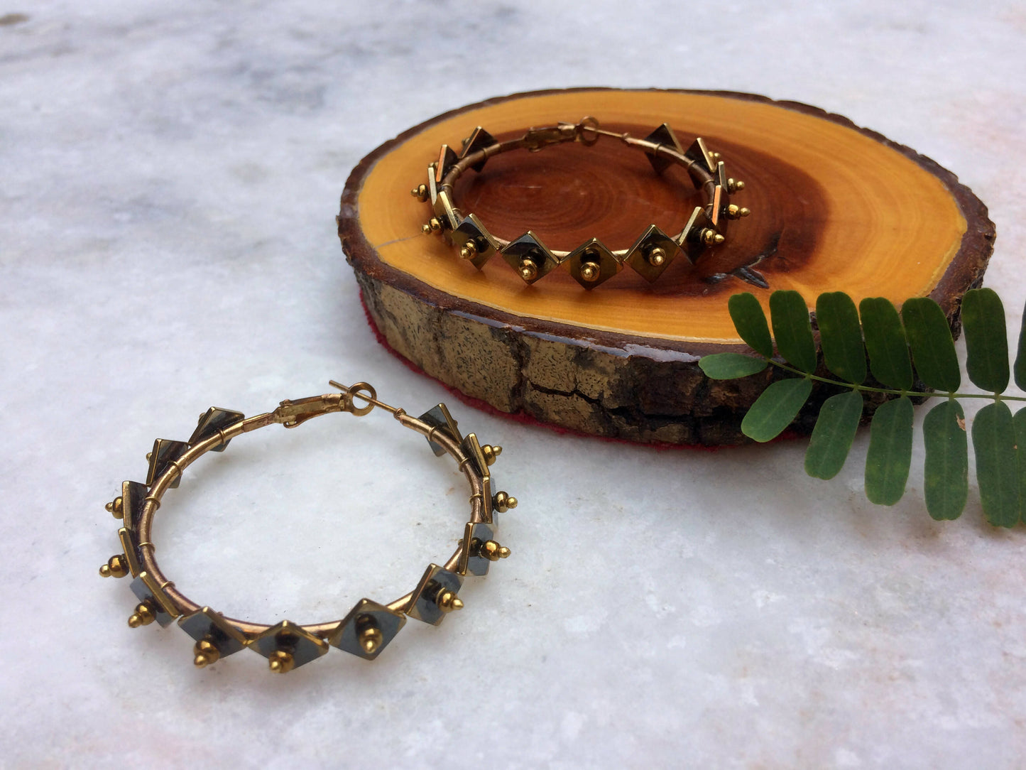Golden Kite and Beads Hoop Earrings