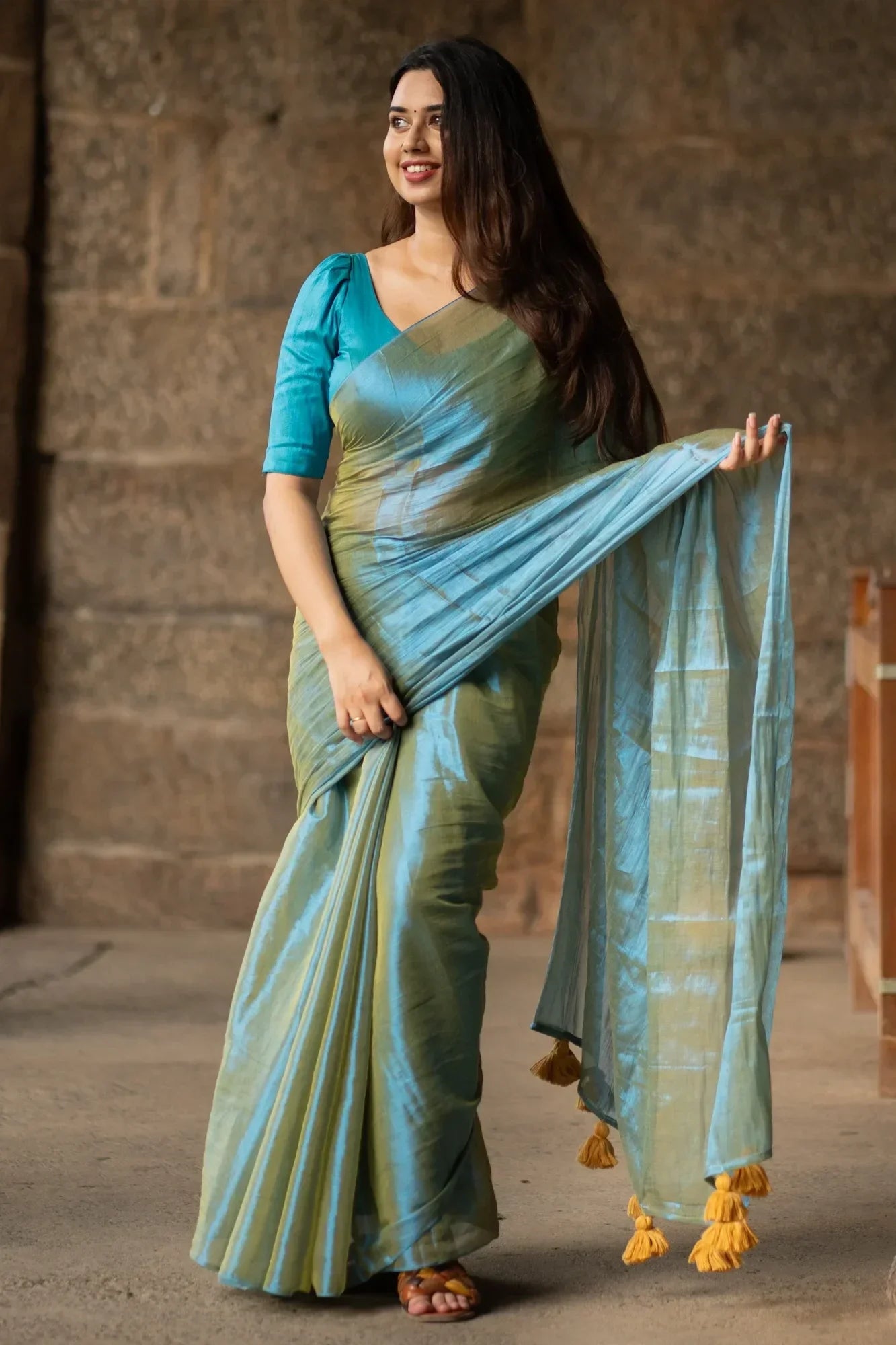 Metallic Zari tissue Saree With Handmade Tassels
