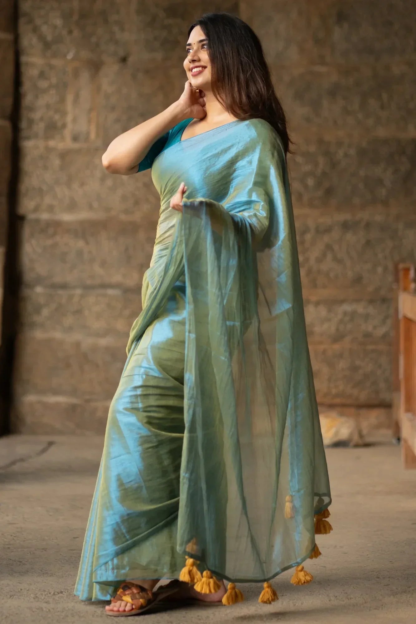 Metallic Zari tissue Saree With Handmade Tassels