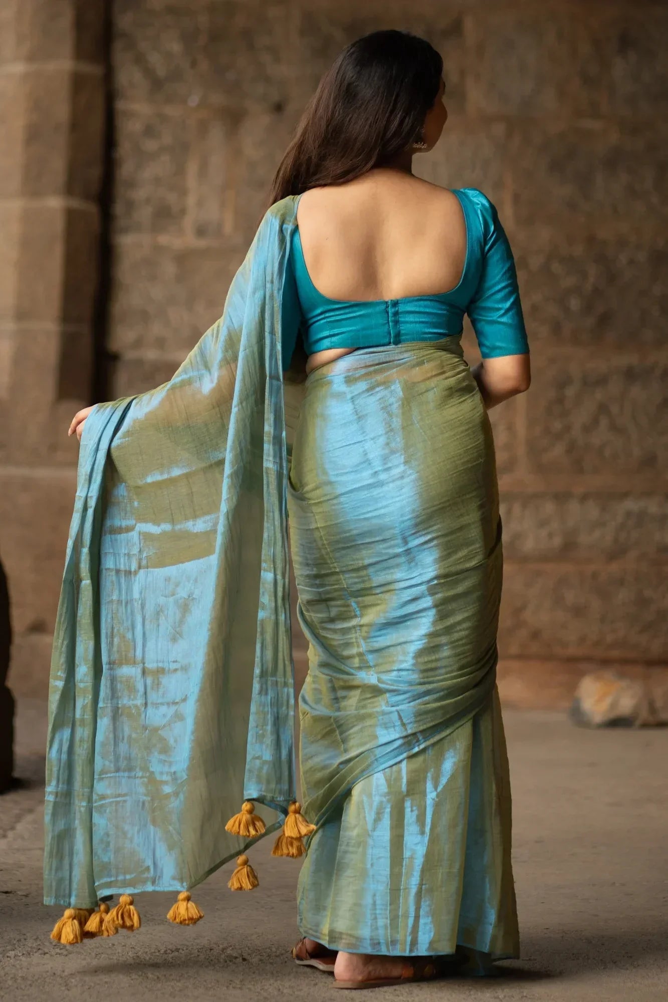 Metallic Zari tissue Saree With Handmade Tassels
