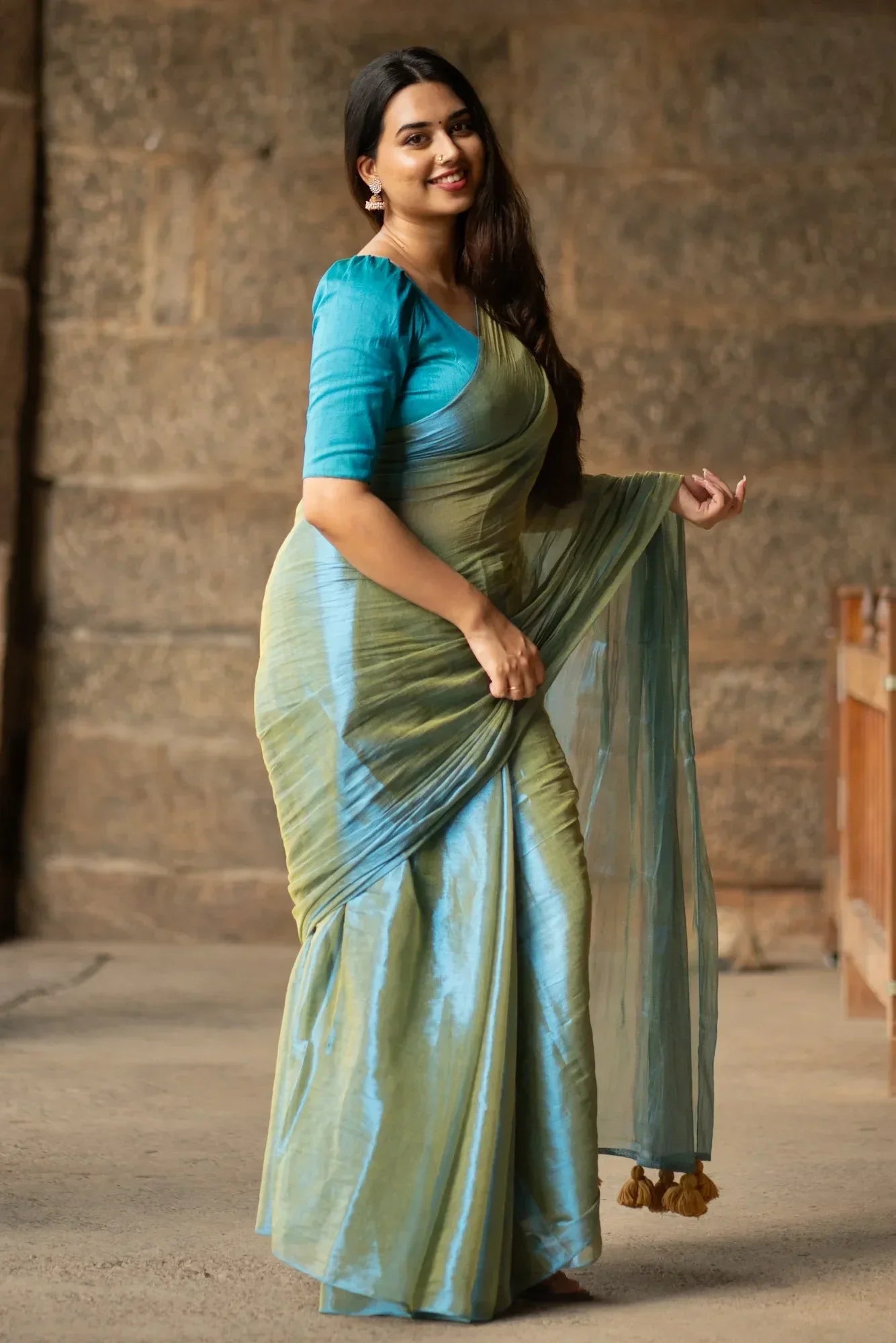 Metallic Zari tissue Saree With Handmade Tassels