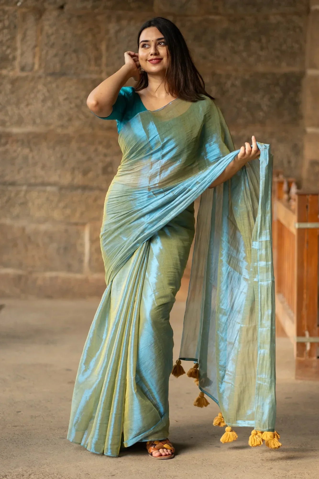 Metallic Zari tissue Saree With Handmade Tassels