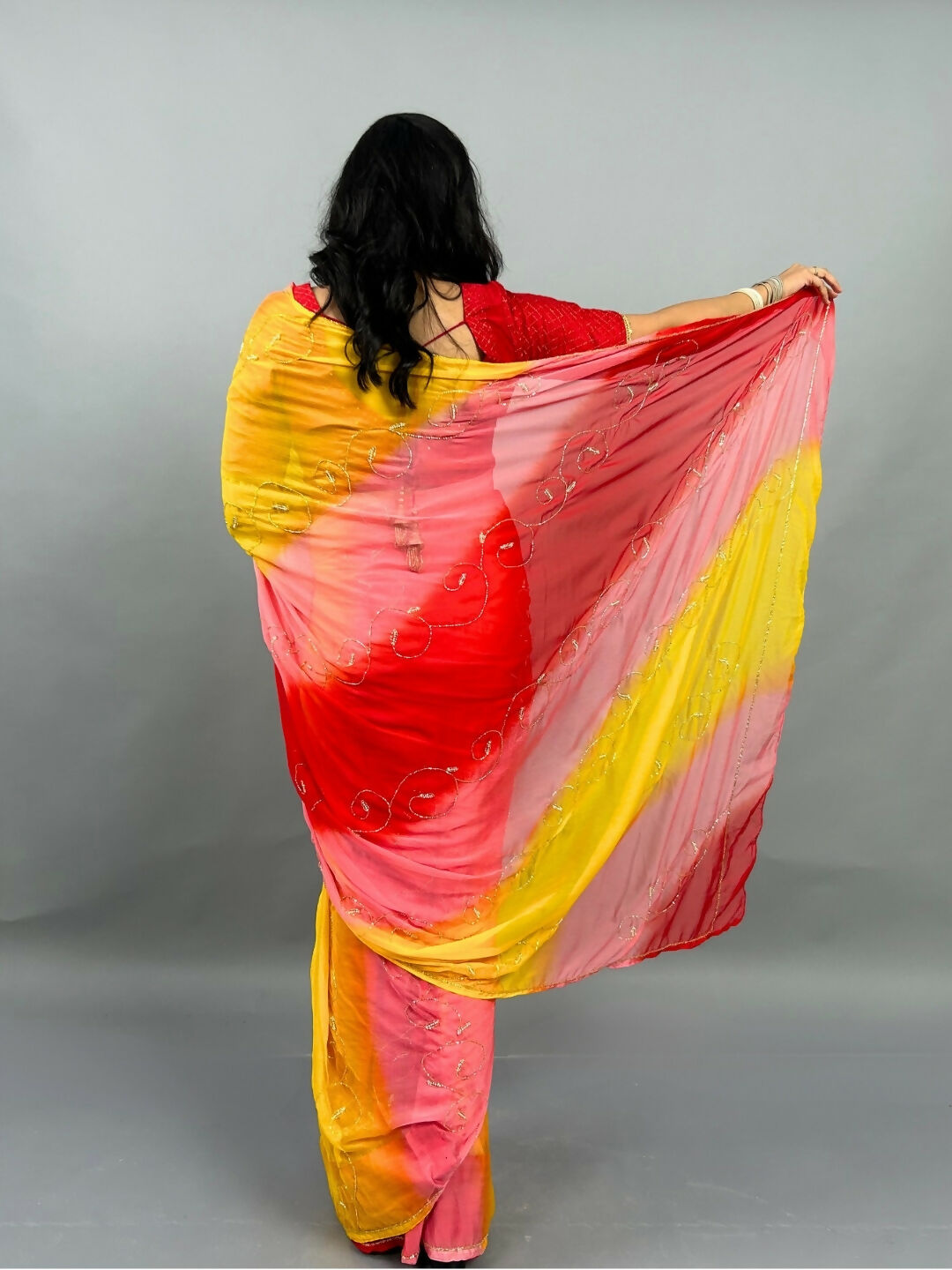 Rani Tri Color Chiffon Pre Pleated Saree