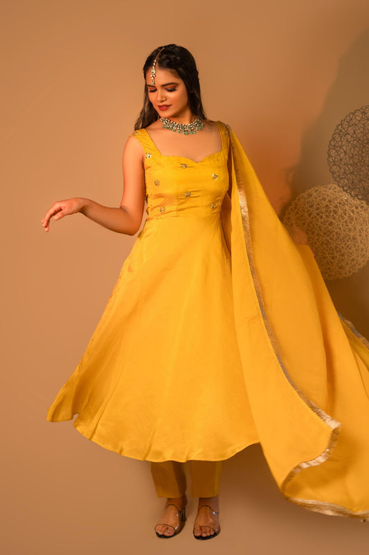 Yellow Swirl Embroidered Kurta Set
