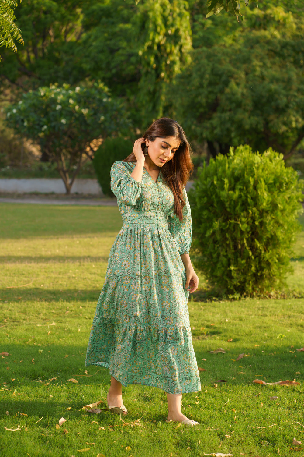 Gulbahar Mint Green Cotton Block Print Maxi Dress