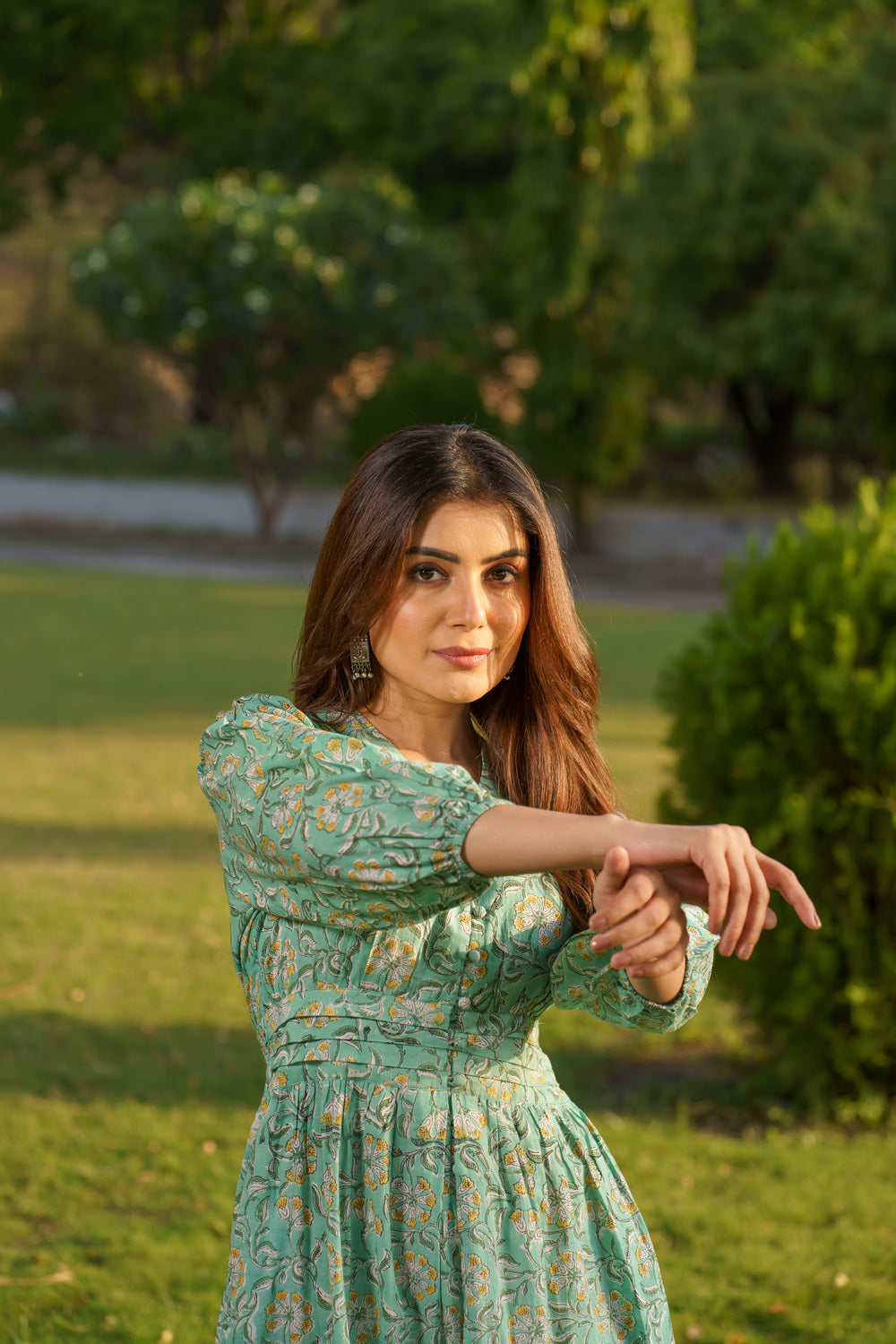 Gulbahar Mint Green Cotton Block Print Maxi Dress