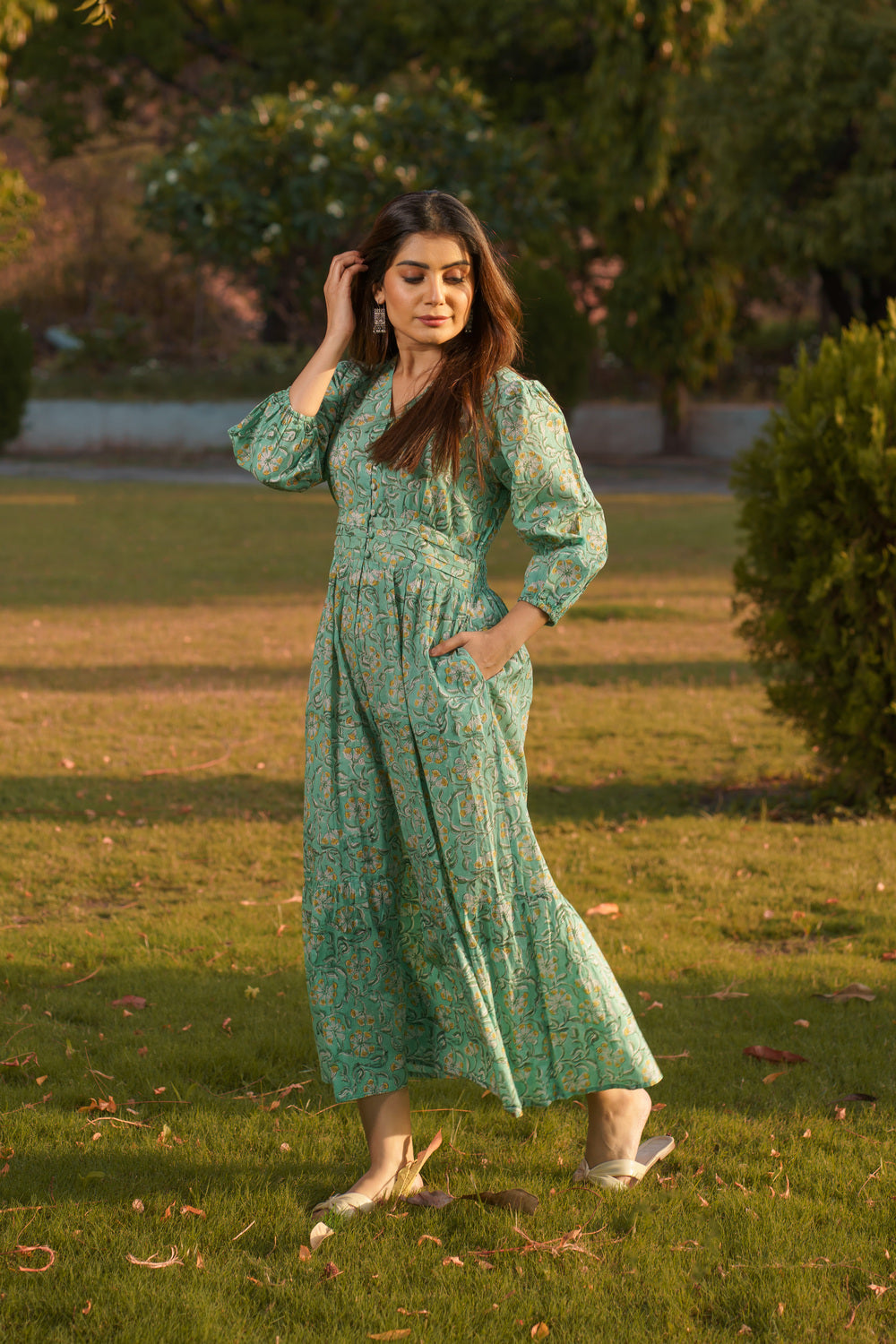 Gulbahar Mint Green Cotton Block Print Maxi Dress