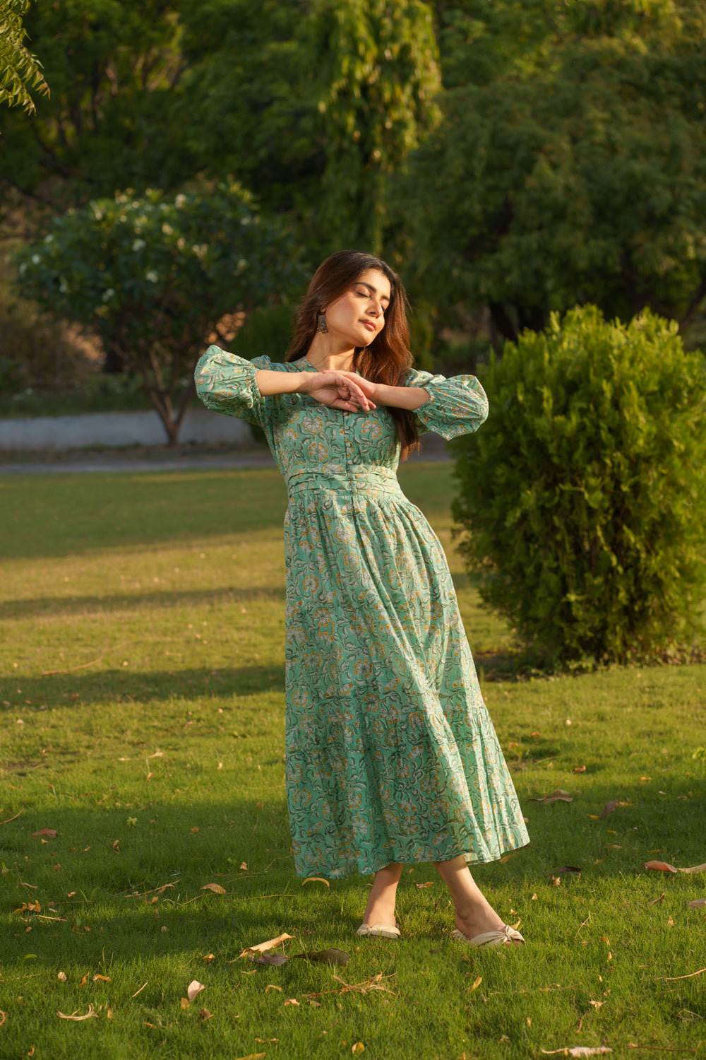 Gulbahar Mint Green Cotton Block Print Maxi Dress
