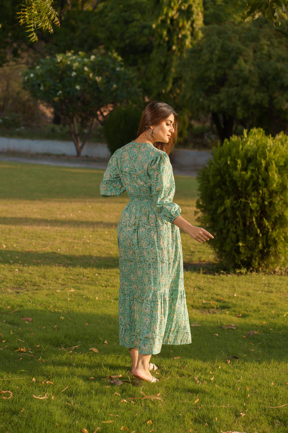 Gulbahar Mint Green Cotton Block Print Maxi Dress