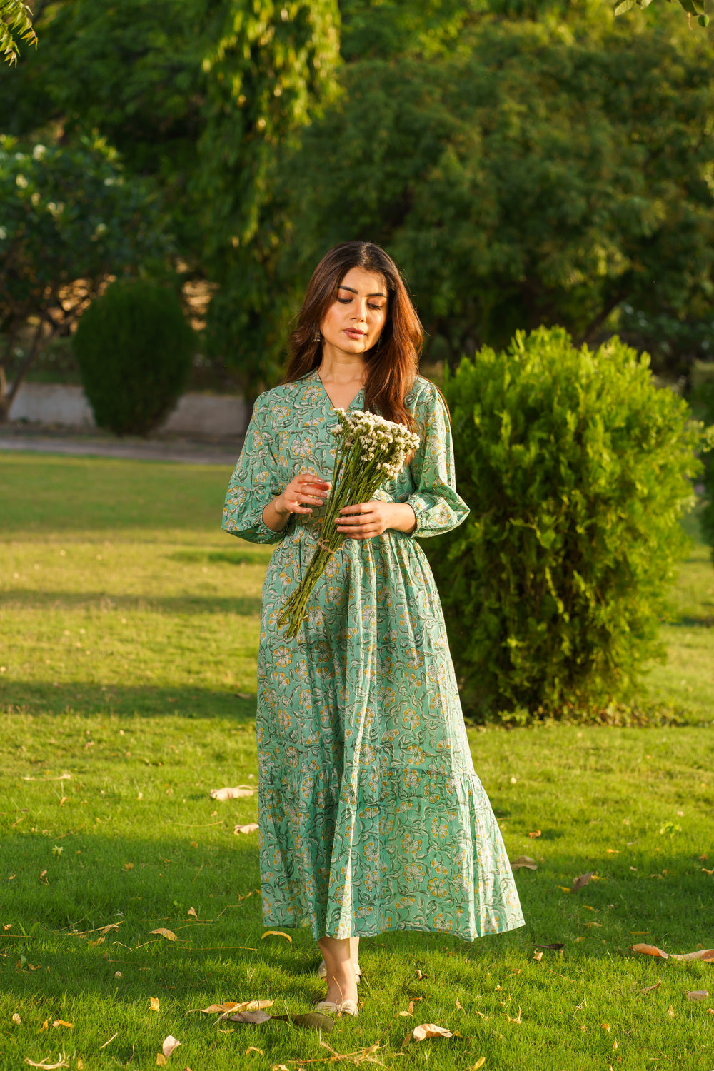 Gulbahar Mint Green Cotton Block Print Maxi Dress