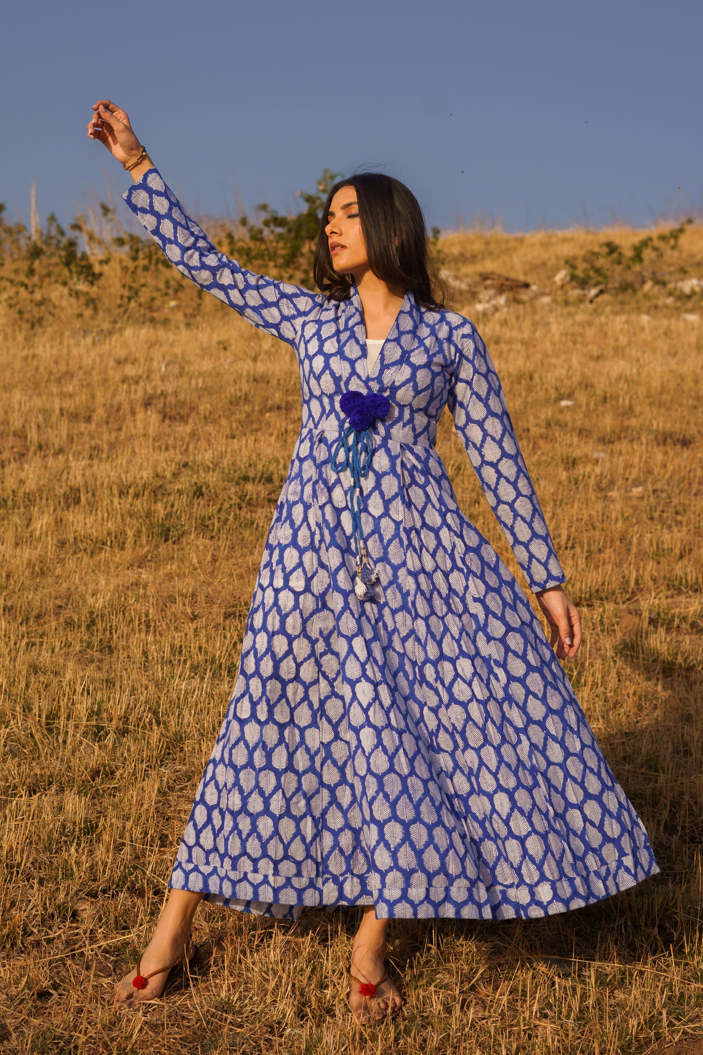 Sufiana Blue Cotton Hand Block Print Maxi Dress
