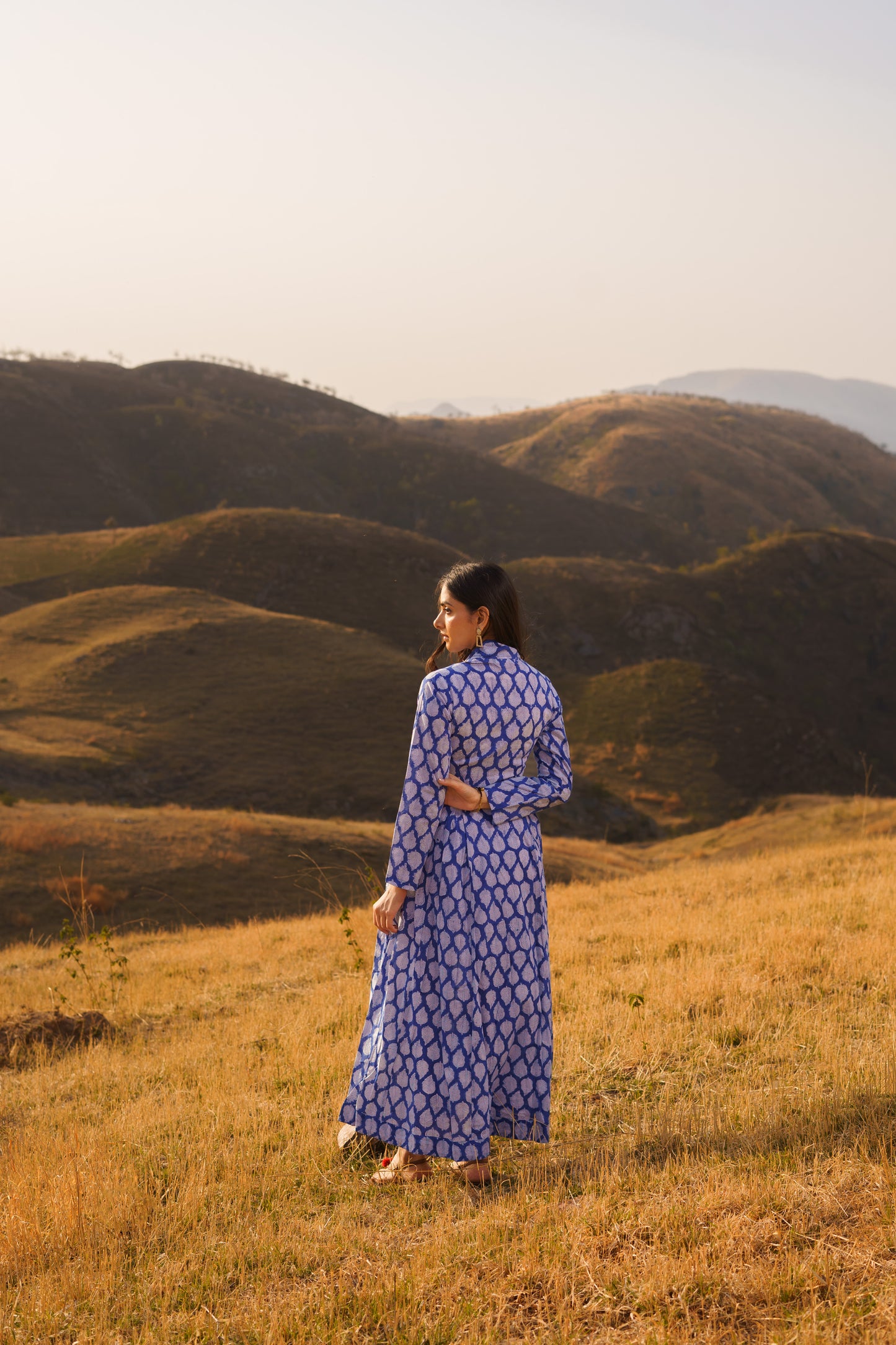 Sufiana Blue Cotton Hand Block Print Maxi Dress