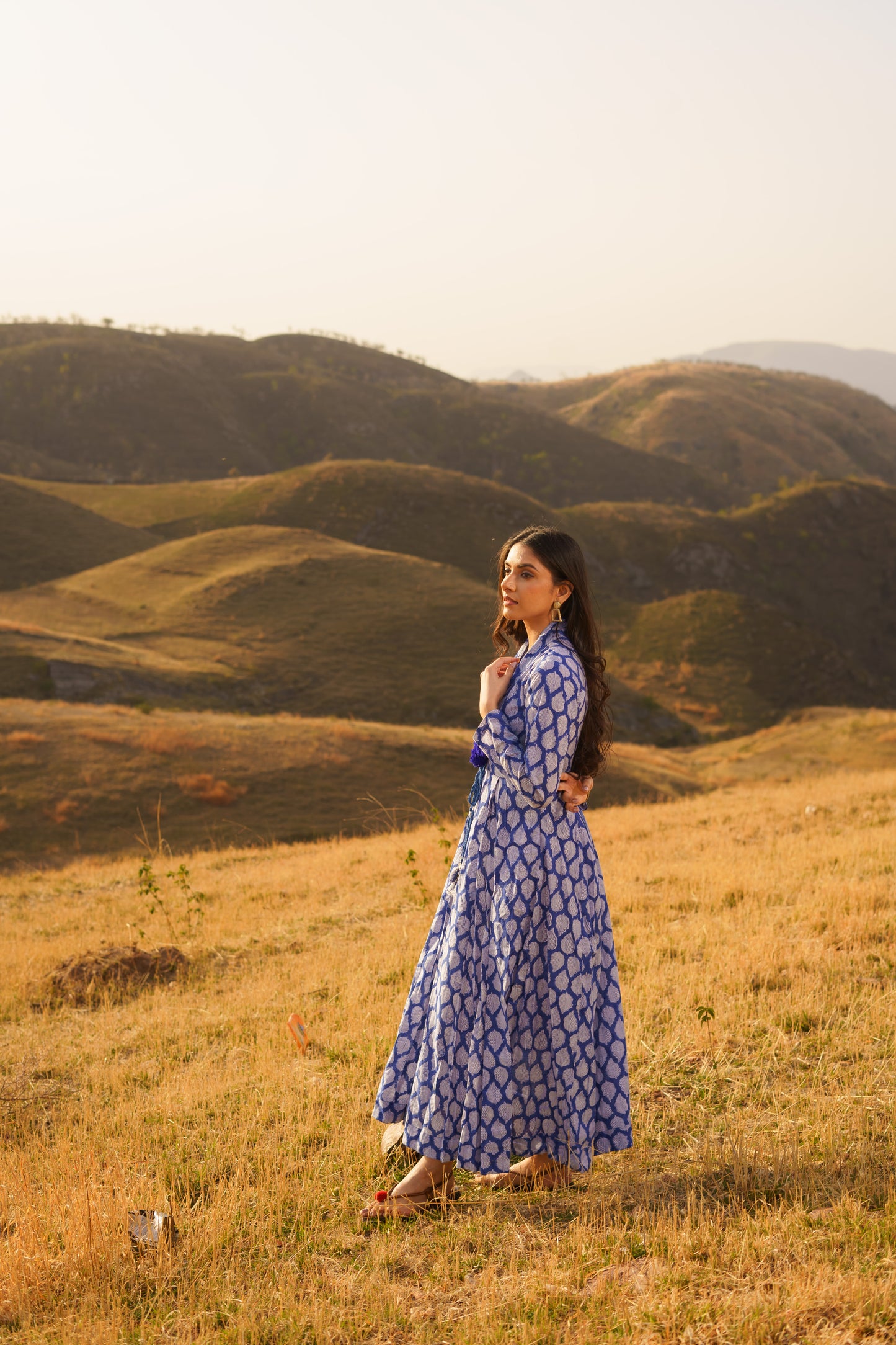 Sufiana Blue Cotton Hand Block Print Maxi Dress
