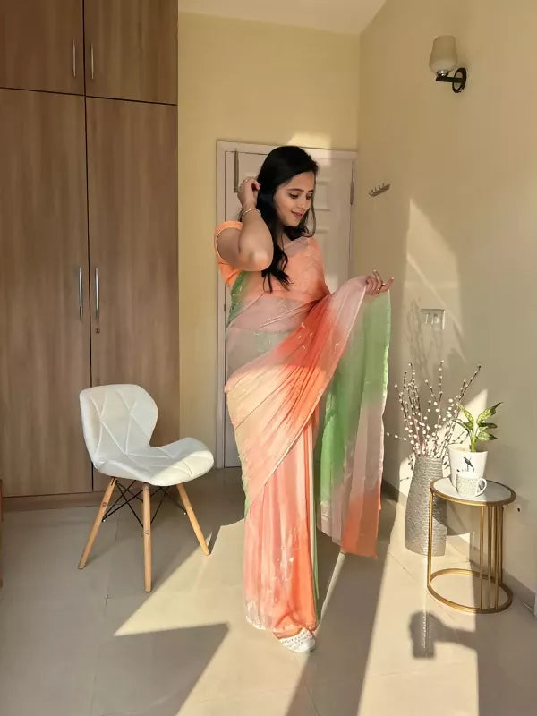 Rani Tri Color Chiffon Pre Pleated Saree