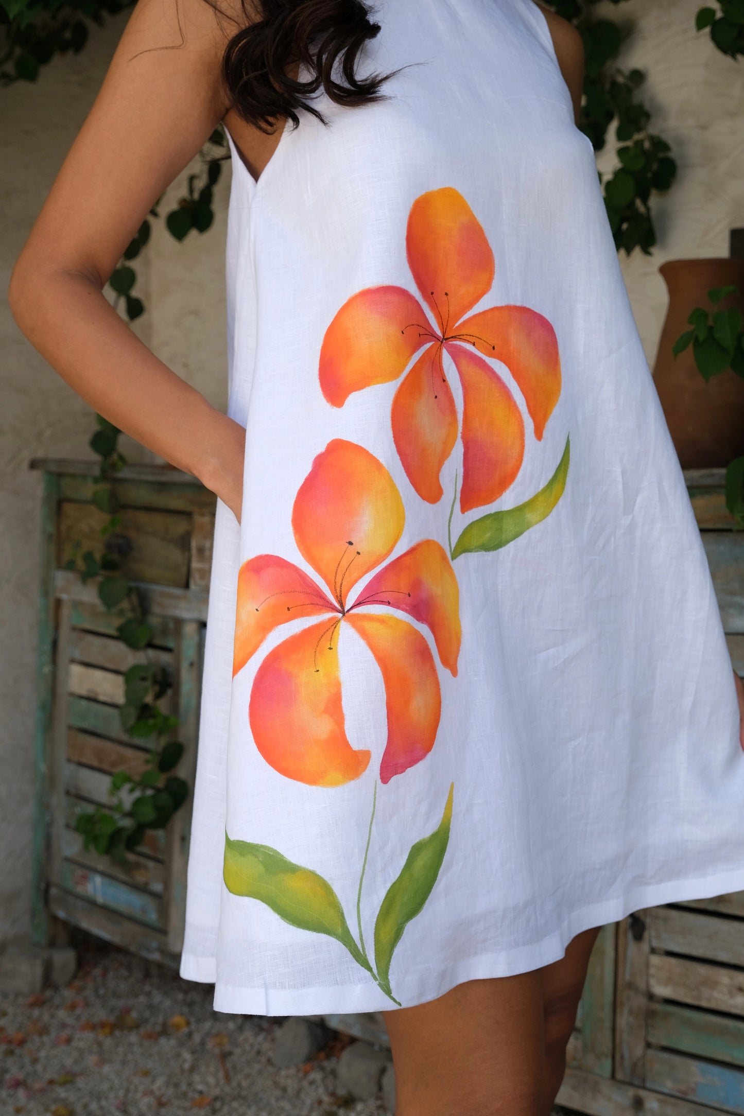 Sunset Lily Hand-painted Linen Dress
