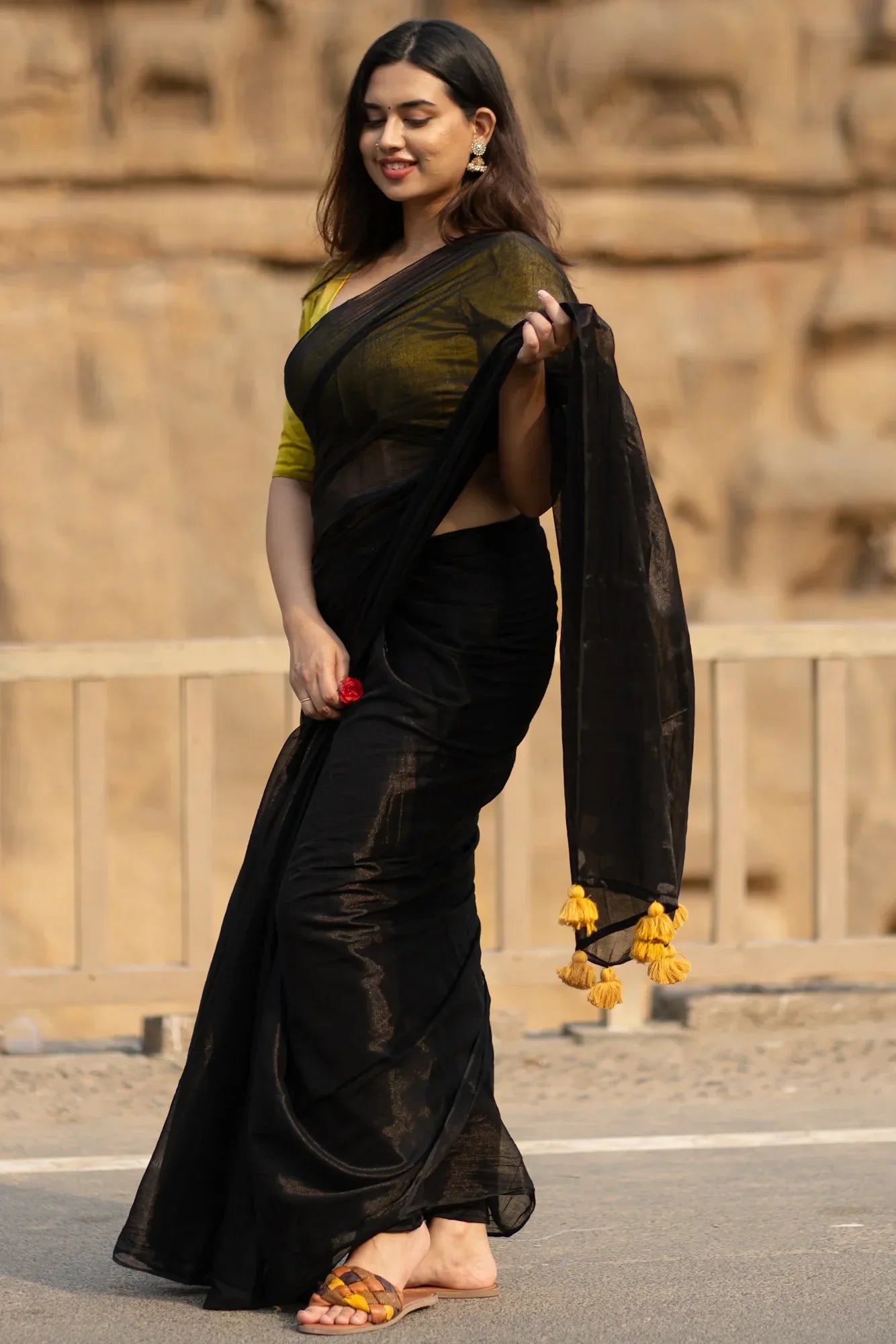 Metallic Zari tissue Saree With Handmade Tassels