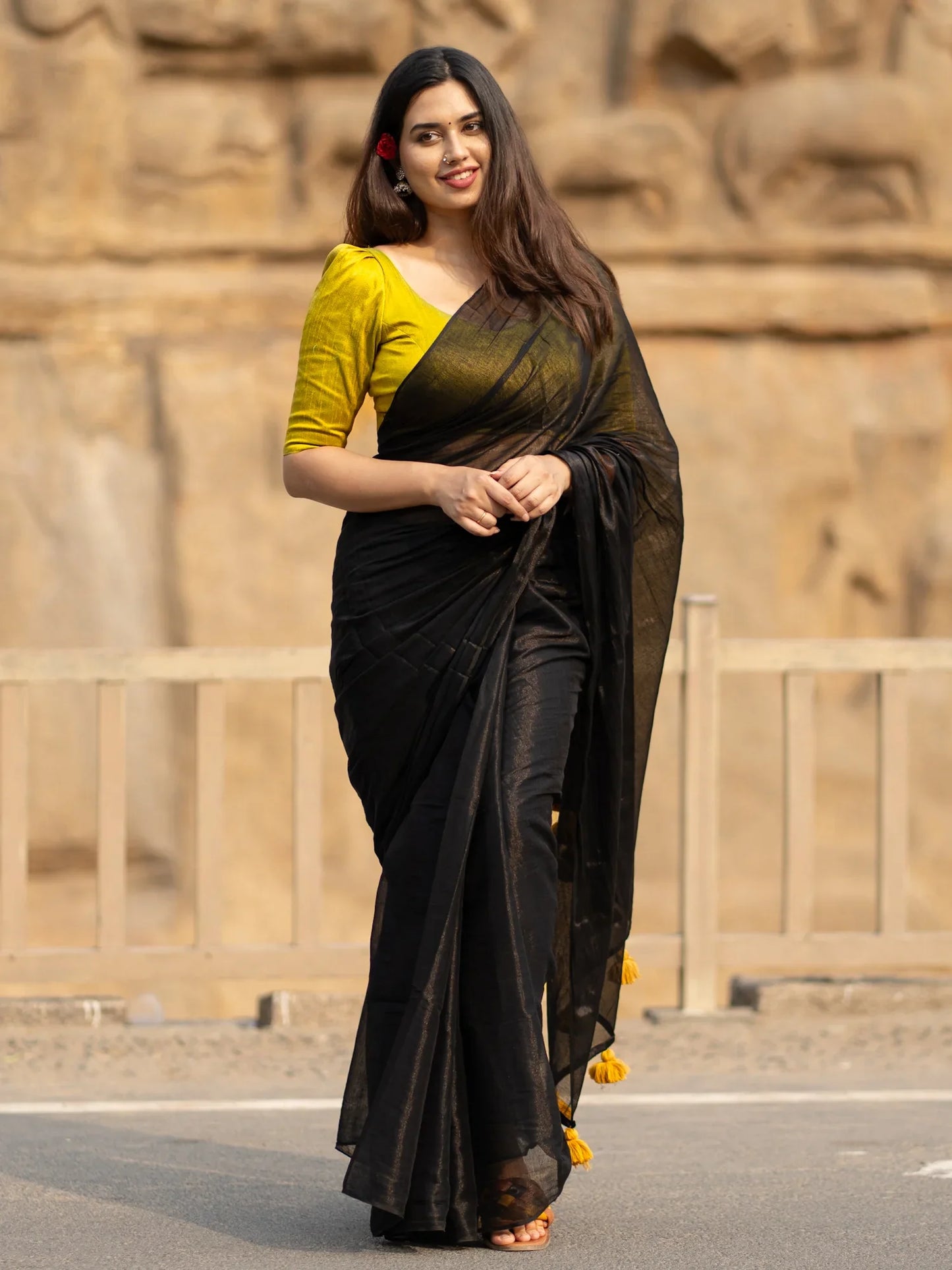 Metallic Zari tissue Saree With Handmade Tassels