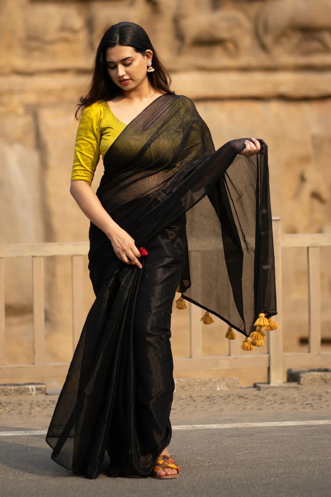 Metallic Zari tissue Saree With Handmade Tassels