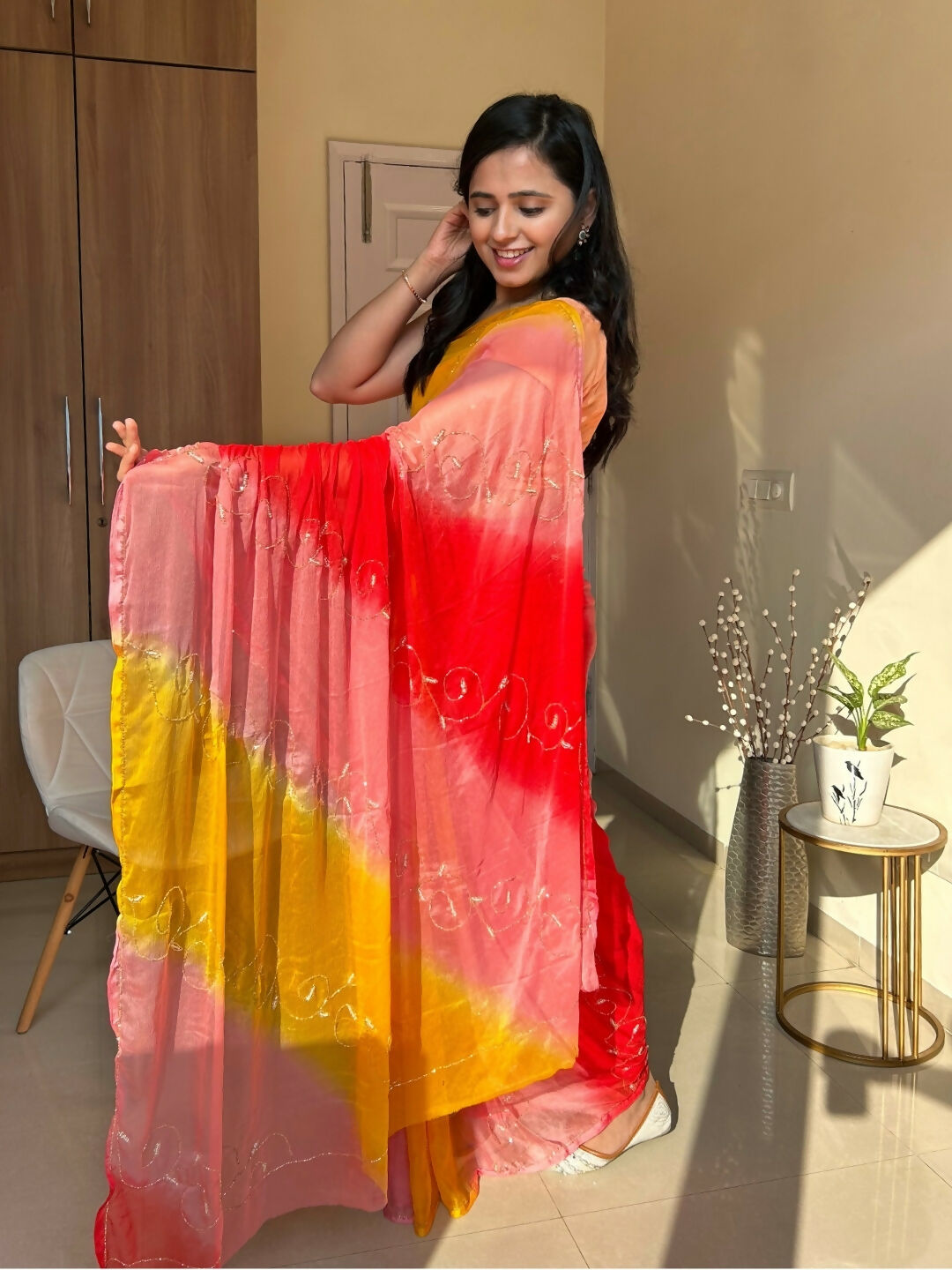 Rani Tri Color Chiffon Pre Pleated Saree