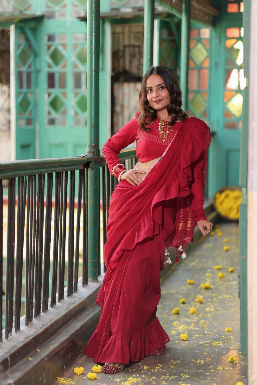 Maroon Ruffle Ishq Saree
