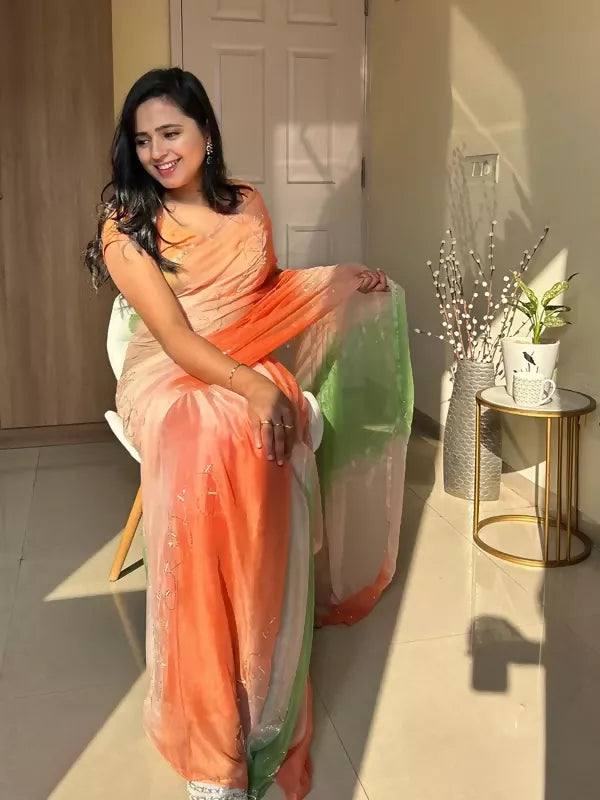 Rani Tri Color Chiffon Pre Pleated Saree