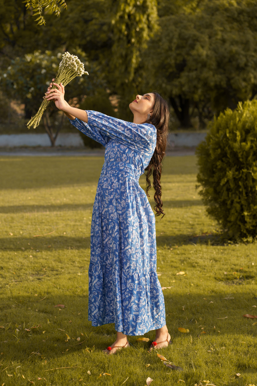 Gulbahar Blue Cotton Hand Block Print Maxi Dress