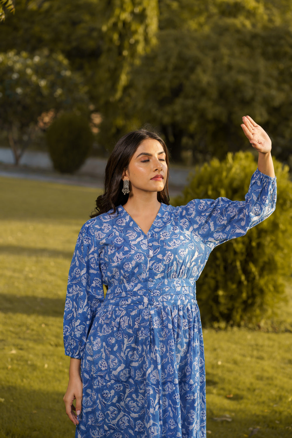 Gulbahar Blue Cotton Hand Block Print Maxi Dress