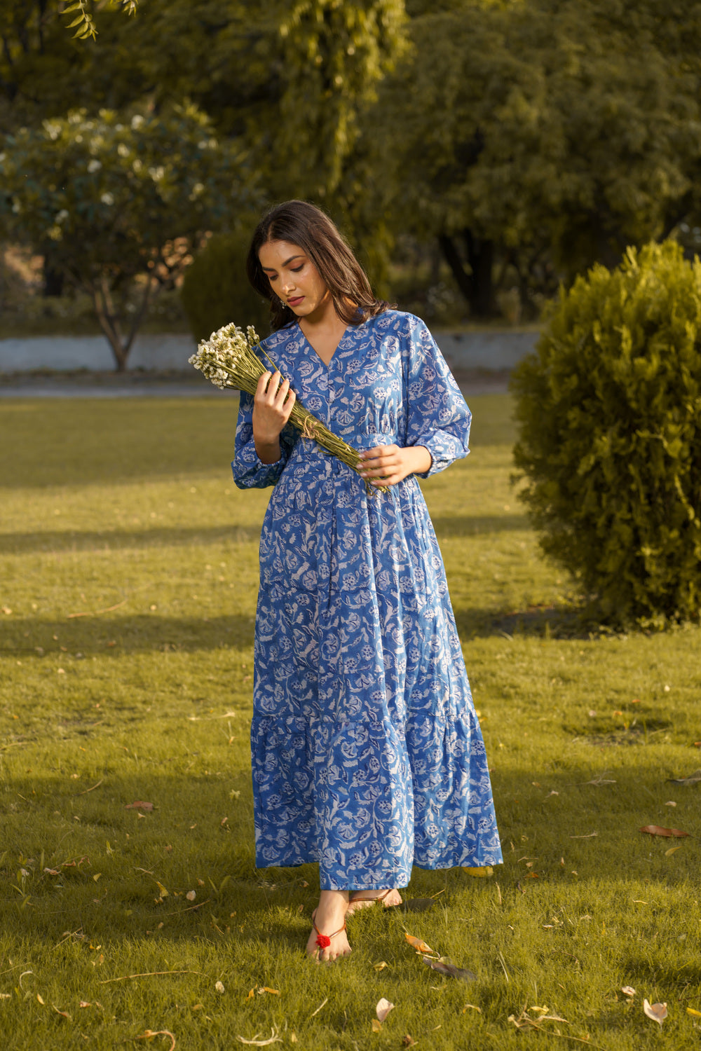 Gulbahar Blue Cotton Hand Block Print Maxi Dress