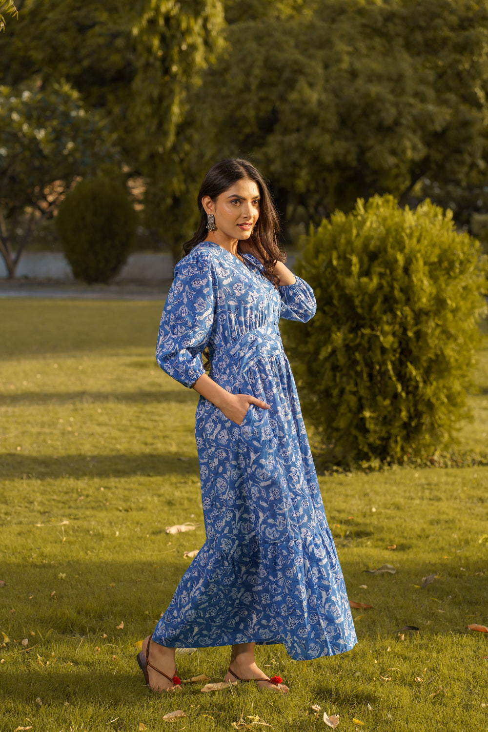 Gulbahar Blue Cotton Hand Block Print Maxi Dress