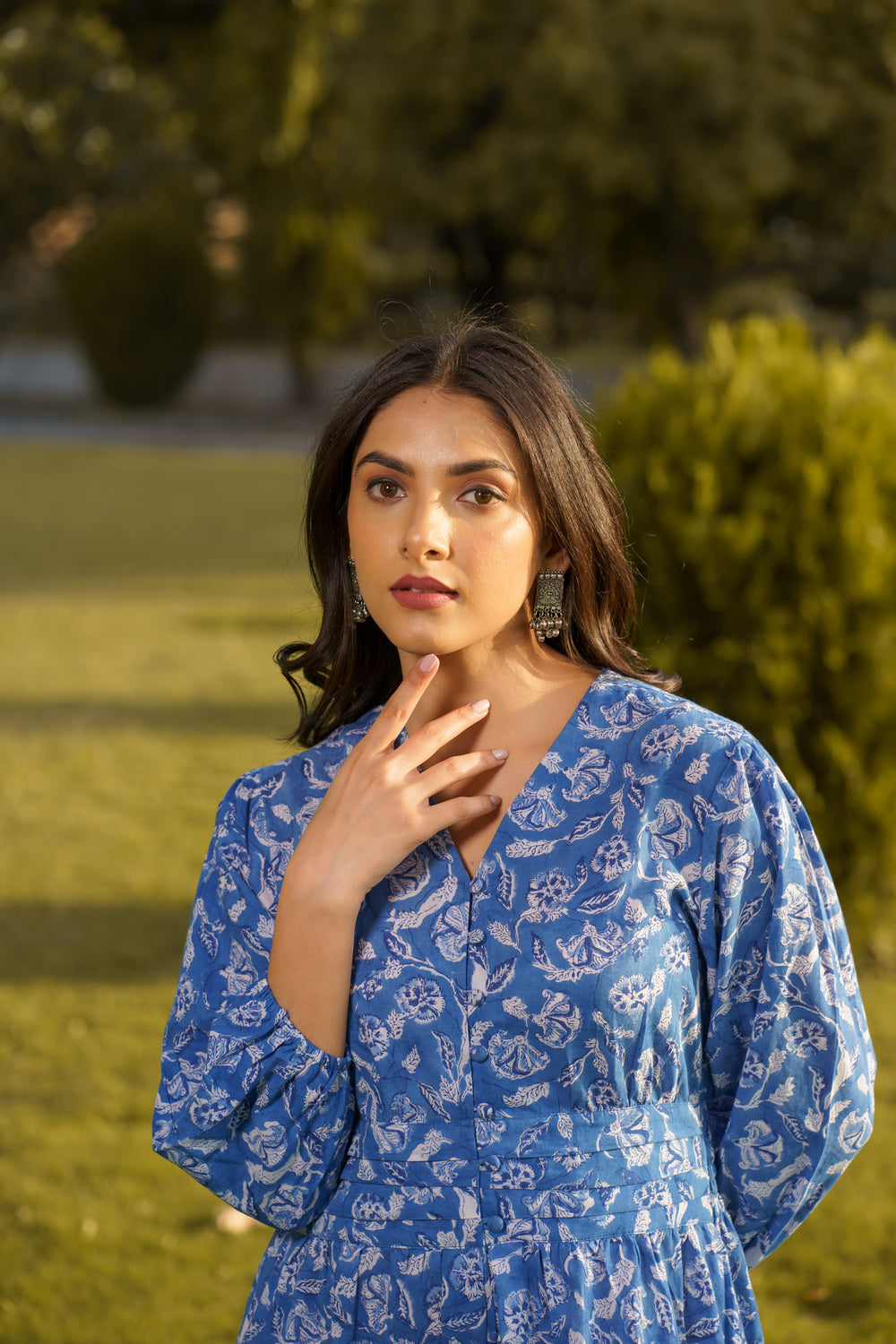 Gulbahar Blue Cotton Hand Block Print Maxi Dress