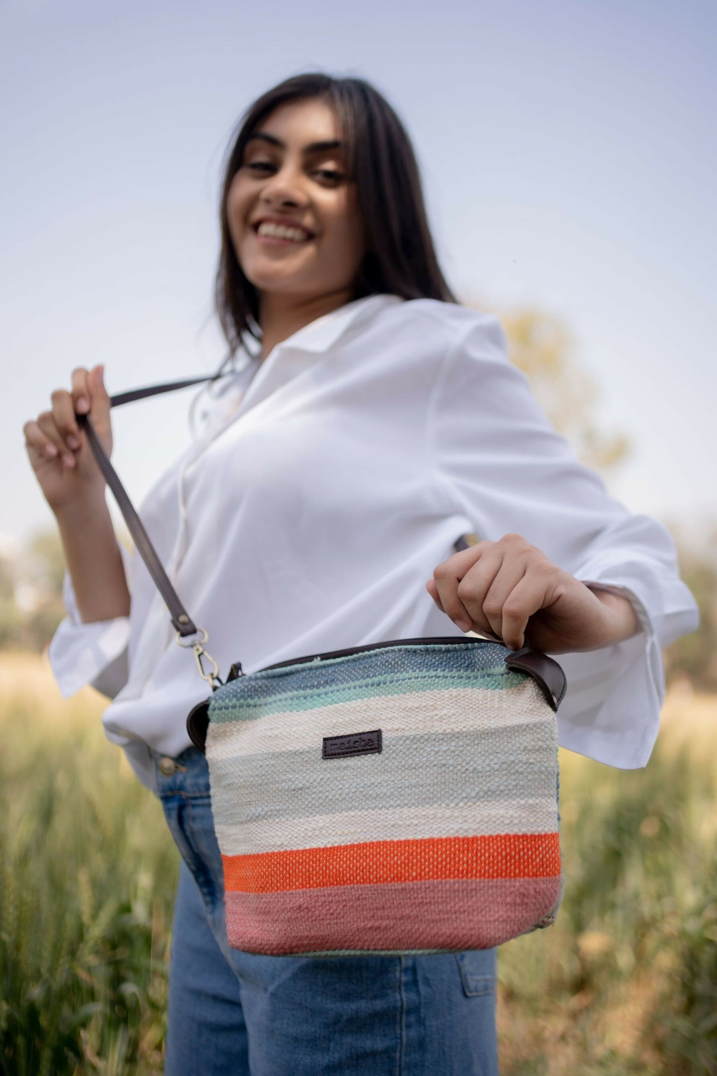 Peach Multicolor Stripes Pouch Cum Sling Bag