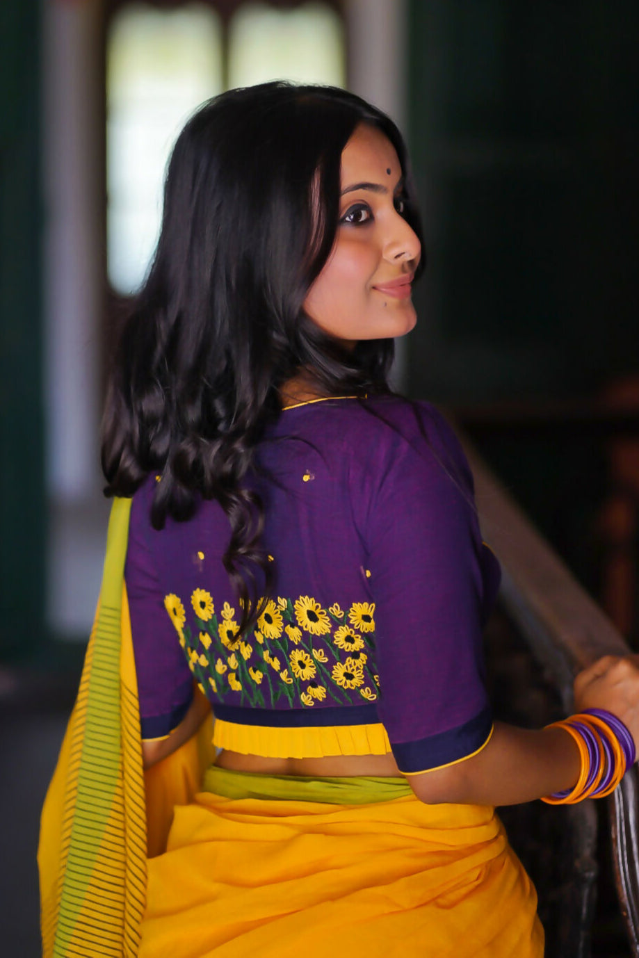 Purple Shower Cotton Glass Sleeves Blouse