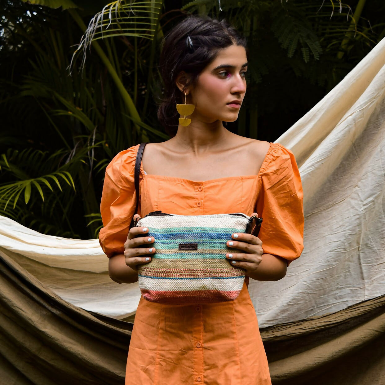 Peach Multicolor Stripes Pouch Cum Sling Bag