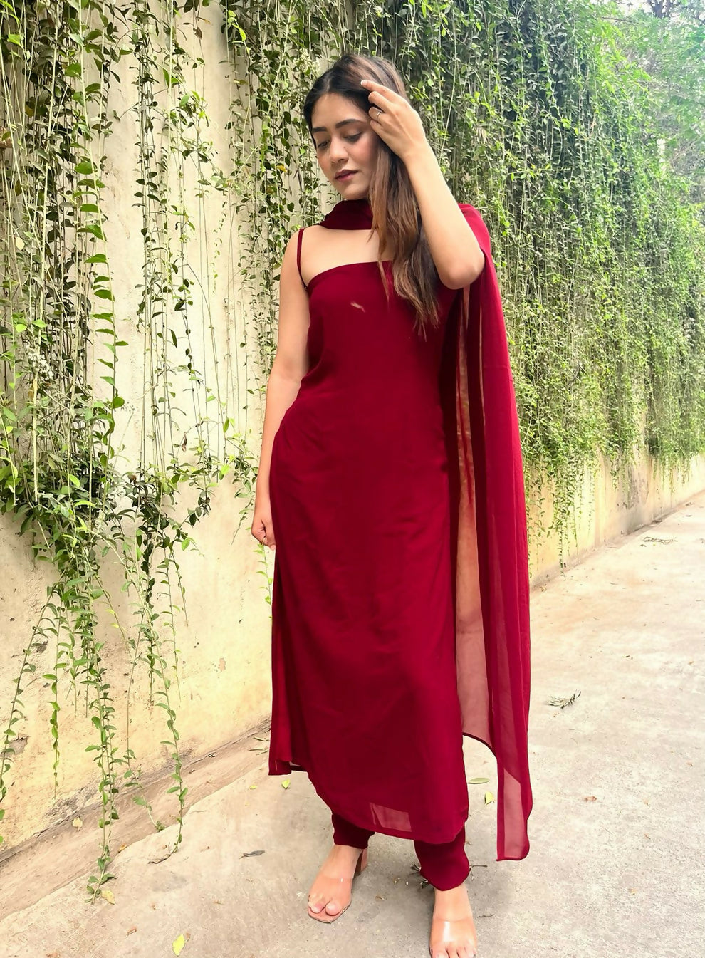 Heer Pure Georgette Maroon Suit Set