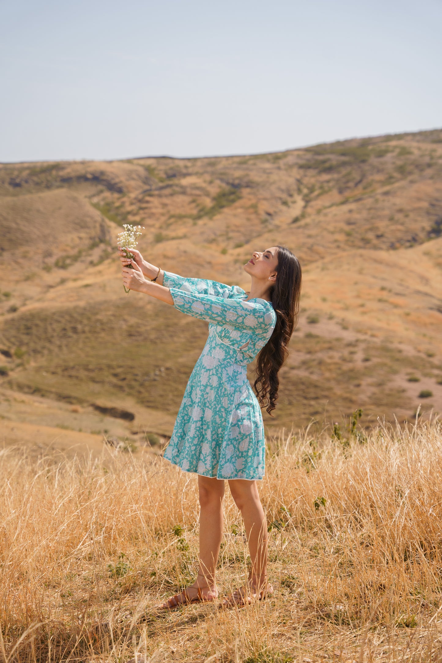 Sharleez Turquoise Cotton Block Print Midi Dress