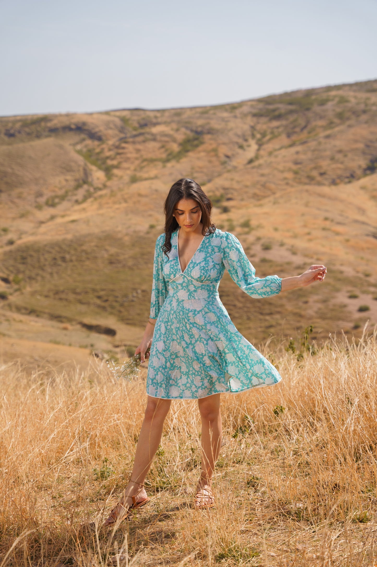 Sharleez Turquoise Cotton Block Print Midi Dress