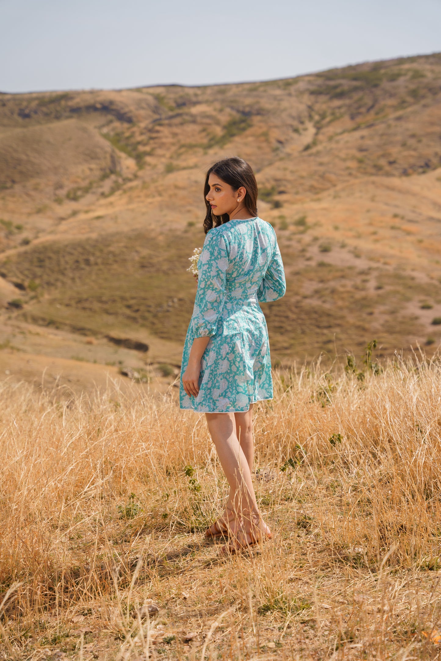 Sharleez Turquoise Cotton Block Print Midi Dress