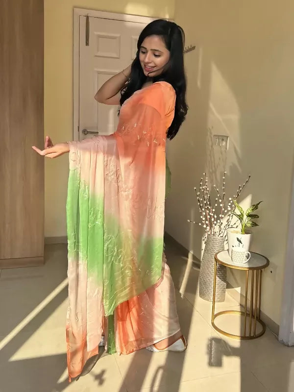 Rani Tri Color Chiffon Pre Pleated Saree