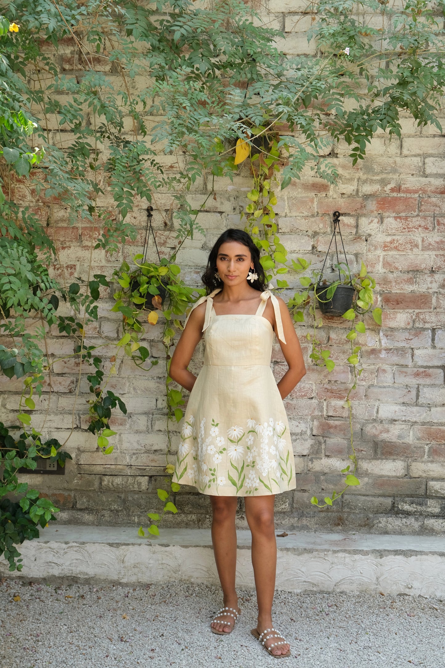 Gardenia Hand-painted Linen A-line Dress in Beige