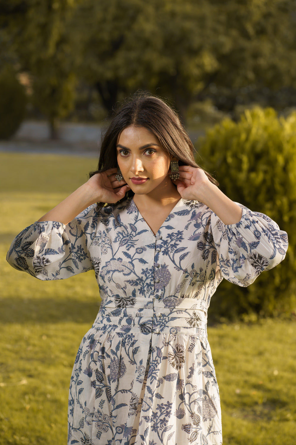Gulbahar White Cotton Hand Block Print Maxi Dress
