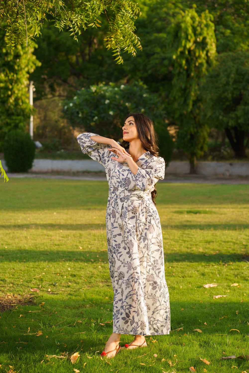 Gulbahar White Cotton Hand Block Print Maxi Dress